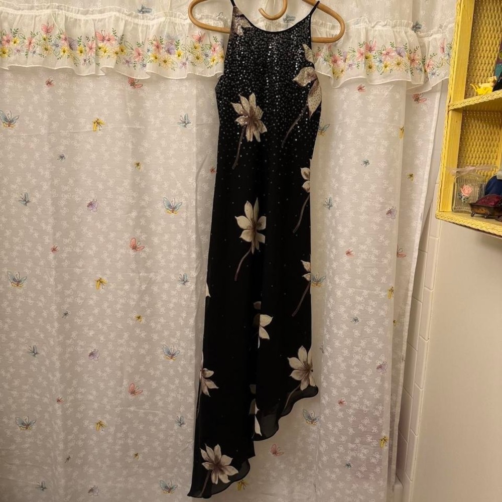 sequin floral asymmetrical hem y2k dress by chelsea nites